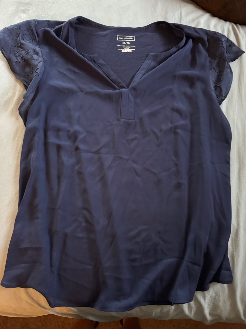 Van Heusen Navy Lace Cap-Sleeve V-Neck Blouse